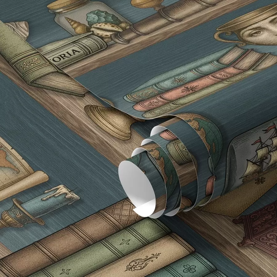 wall murals Vintage shelves with books, a globe and sea curiosities a01036