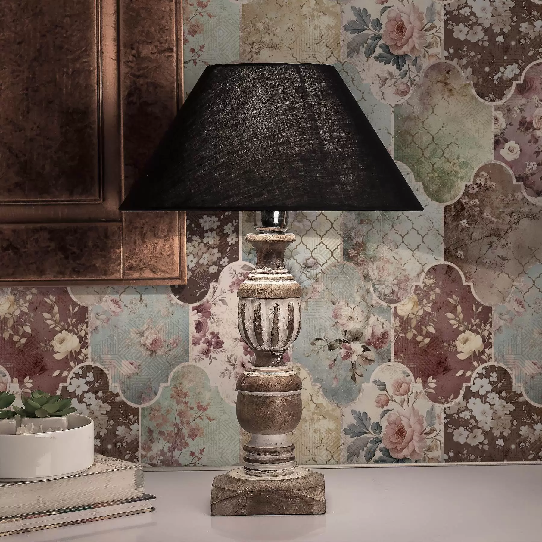 wall murals Patchwork of floral panels and worn patterned tiles a01038