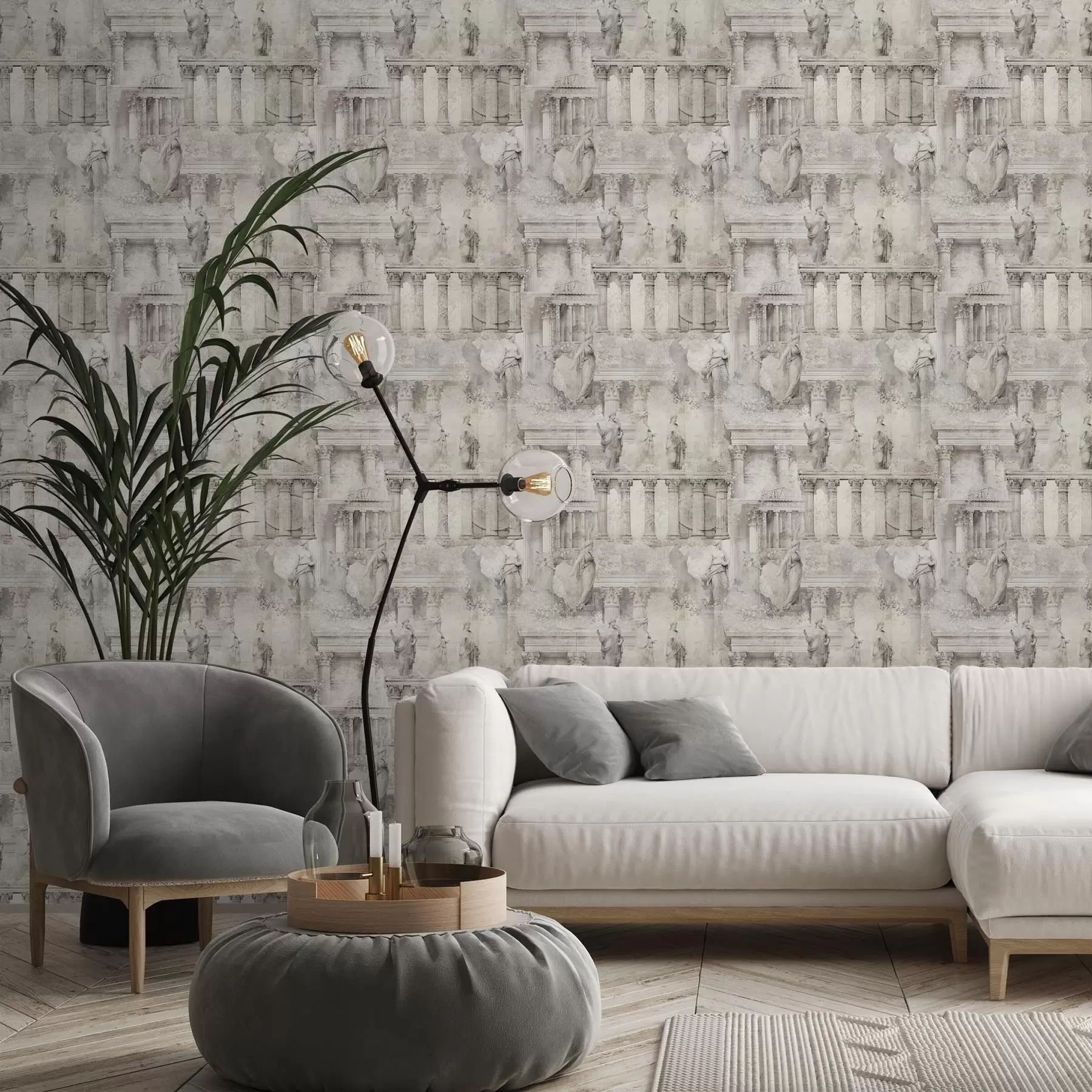 wall murals Antique statues and columns in soft beige-grey tones a01041