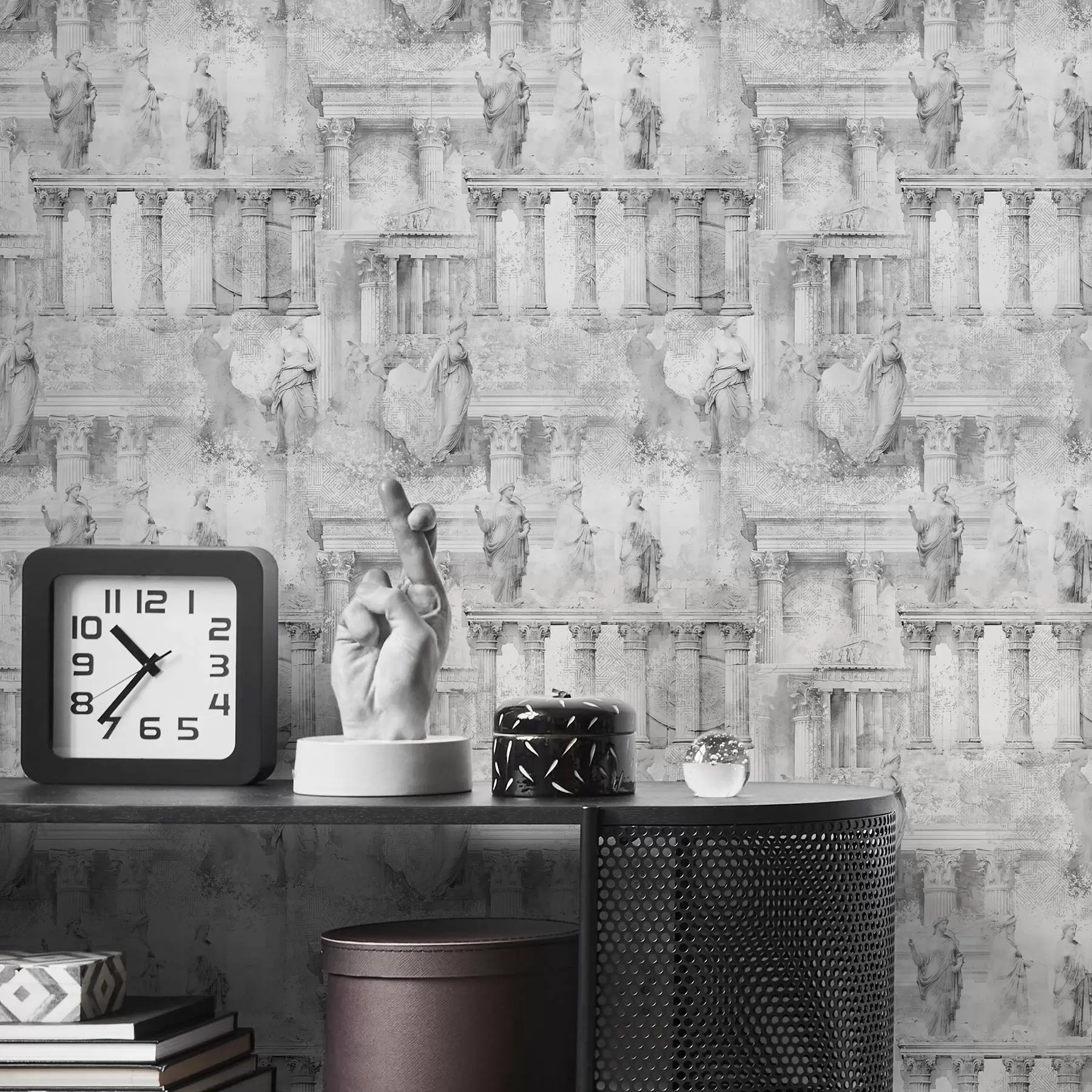 wall murals Classical statues and columns in faded grey shades a01041v1