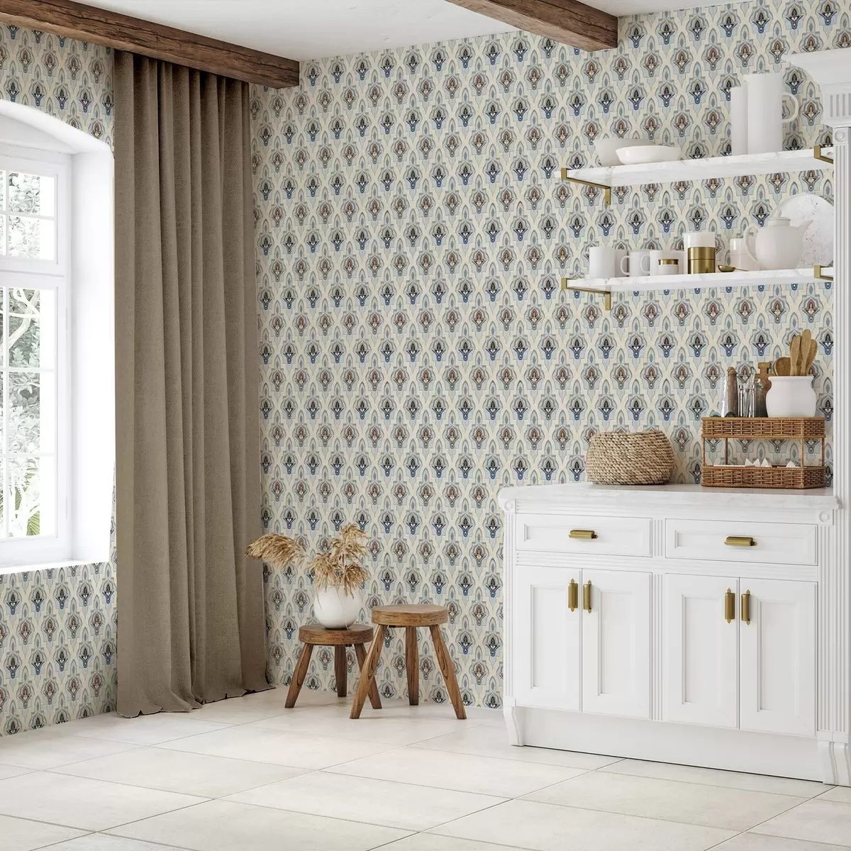 Wallpaper Oriental pattern of small tiles in a blue-sand palette a01044