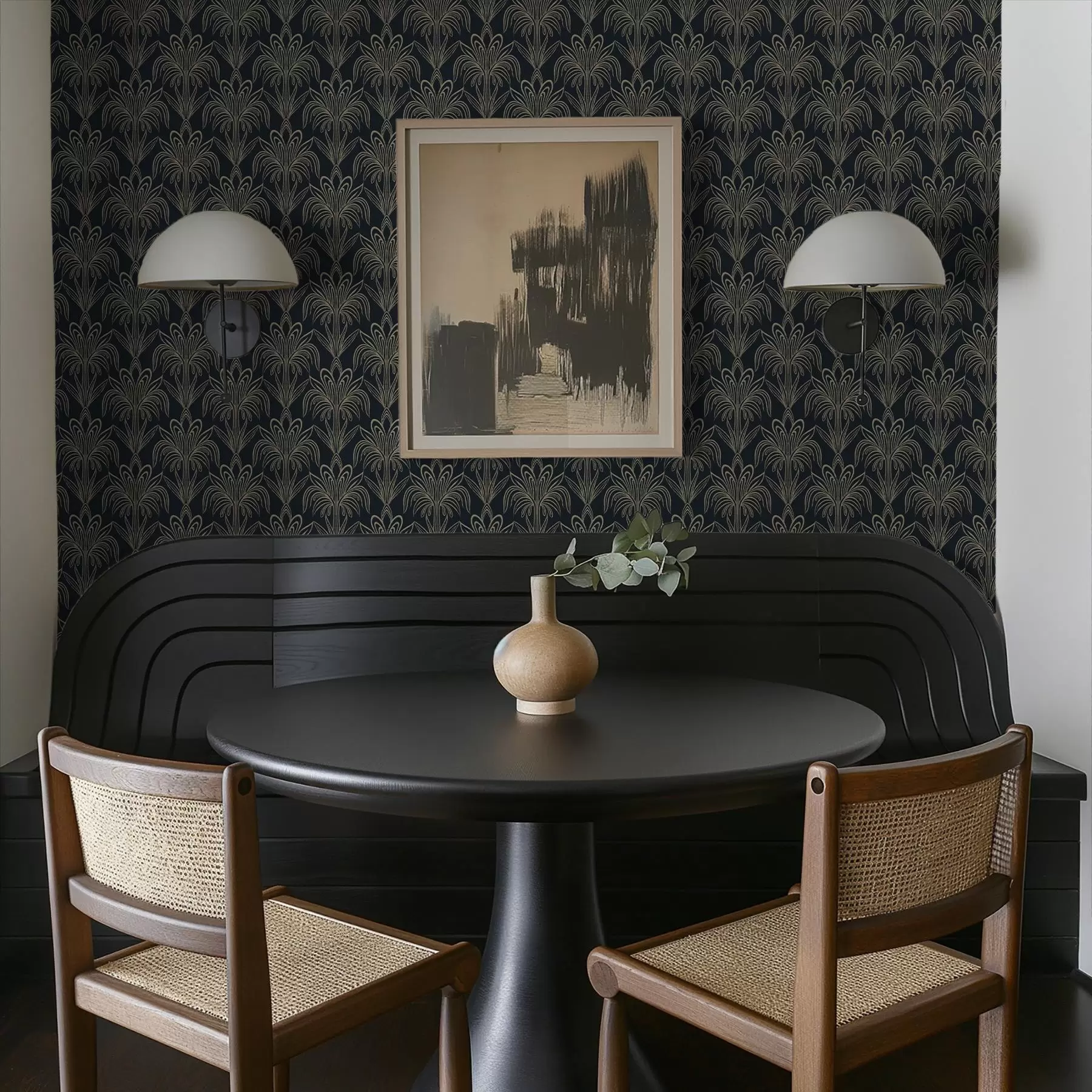 wall murals Dark Art Deco ornament with stylised plants a01065