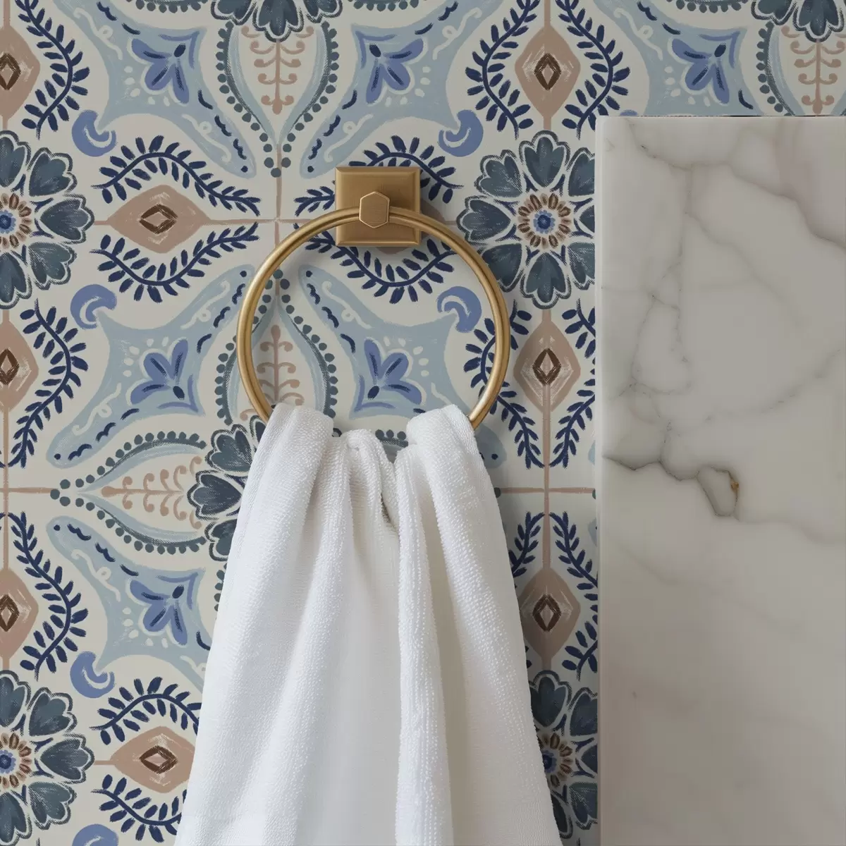 Wallpaper Blue-beige tile-style ornament painted in watercolour a01085