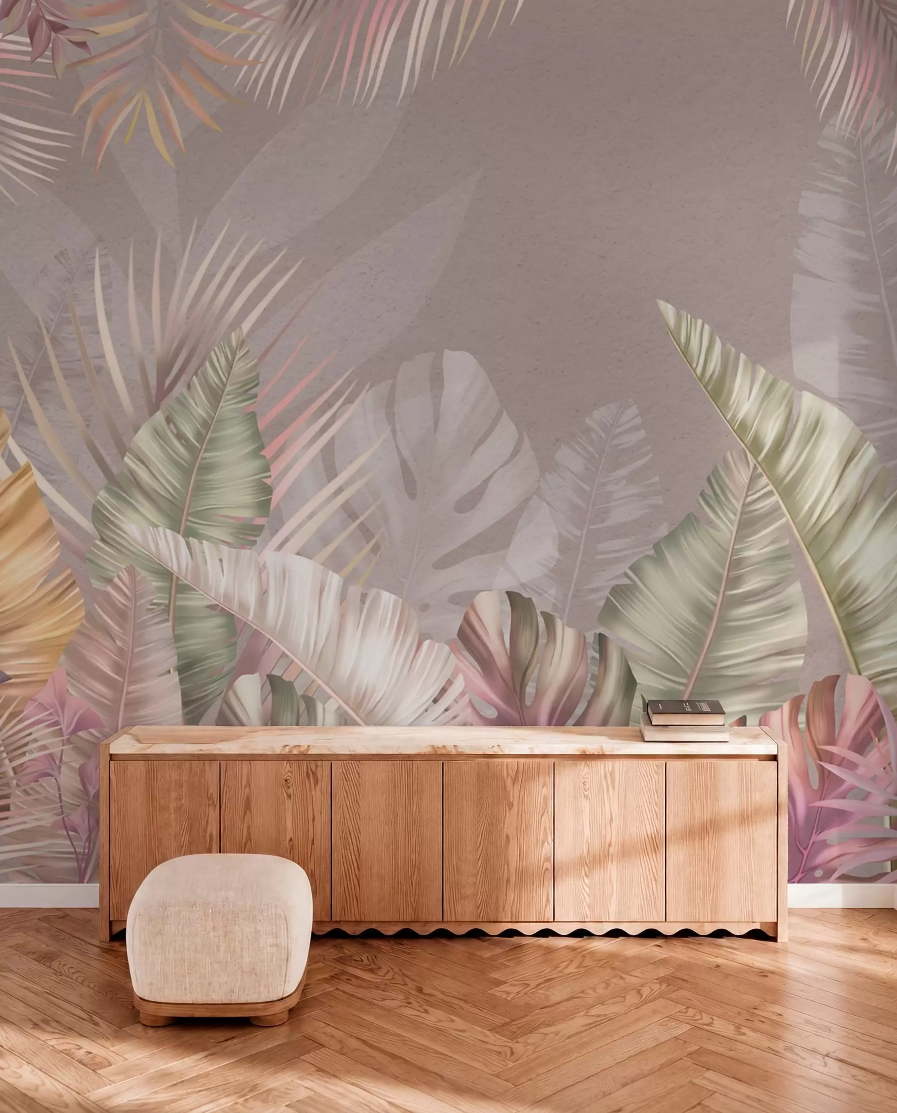 wall murals Tropical leaves in soft pastel hues w01684