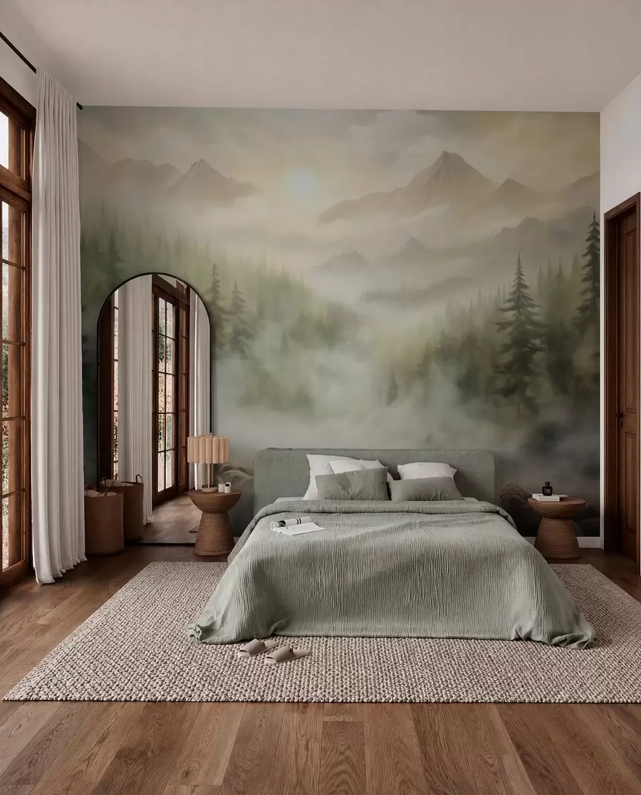 wall murals Forest in the fog against the backdrop of mountains w04730