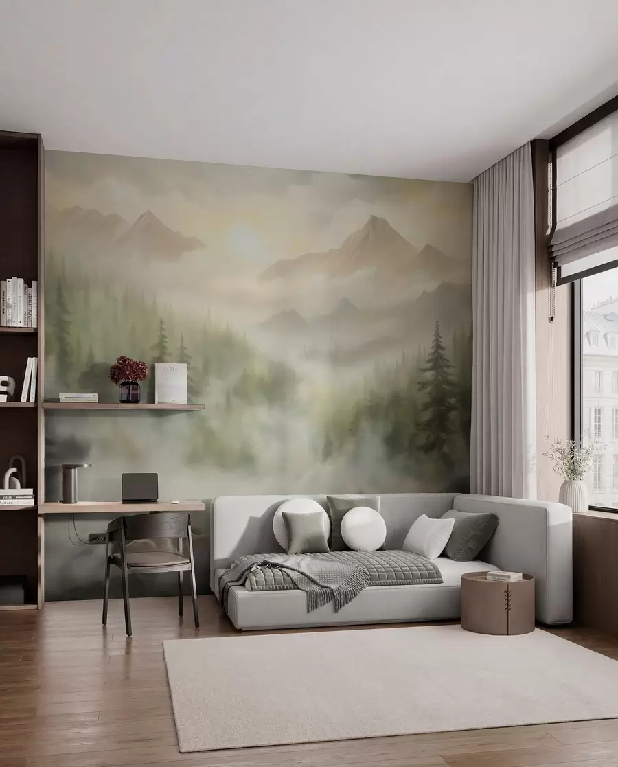 wall murals Forest in the fog against the backdrop of mountains w04730