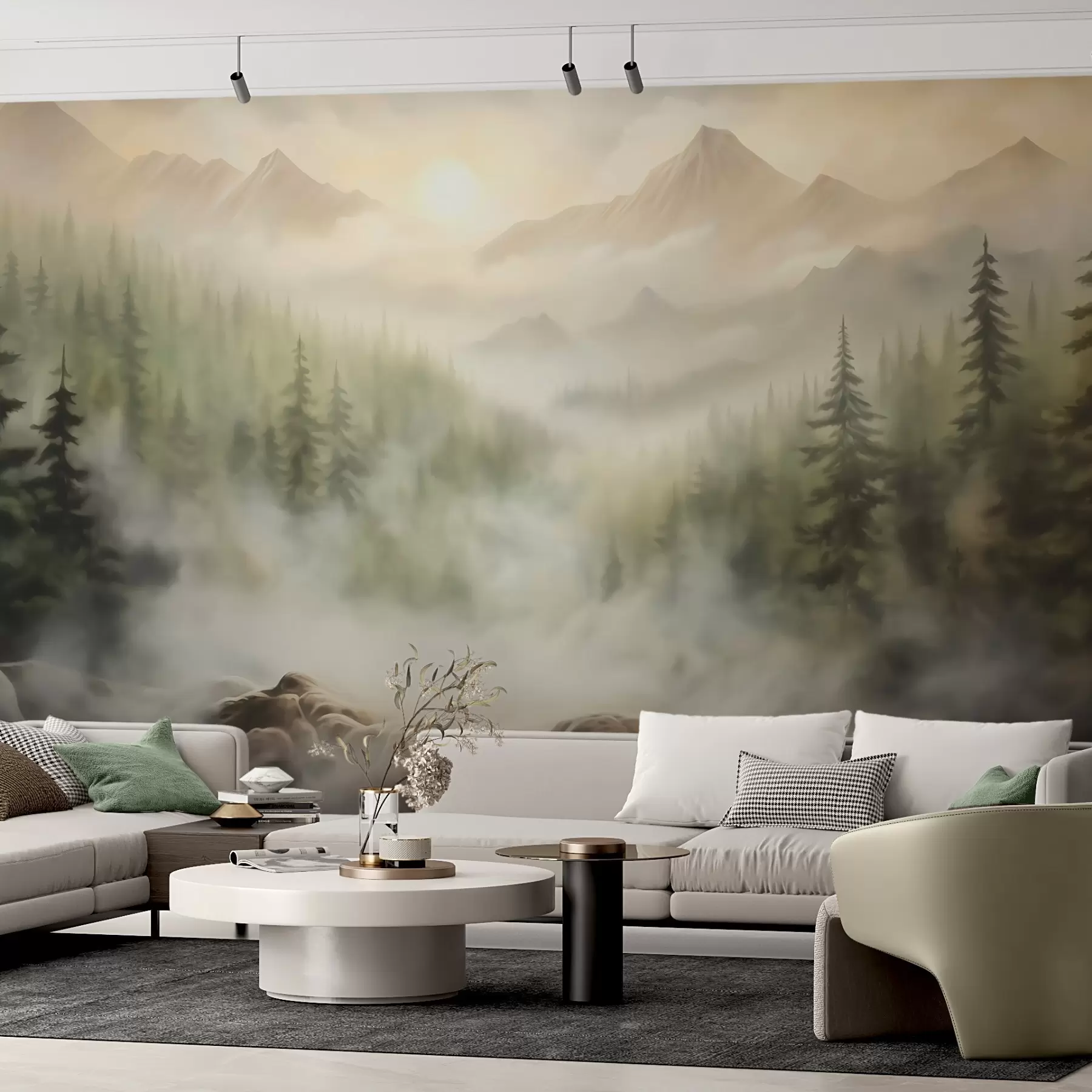 wall murals Forest in the fog against the backdrop of mountains w04730