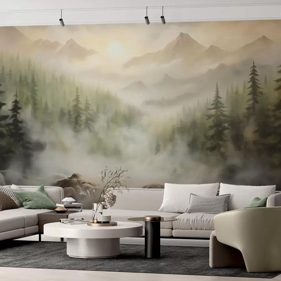 wall murals Forest in the fog against the backdrop of mountains w04730