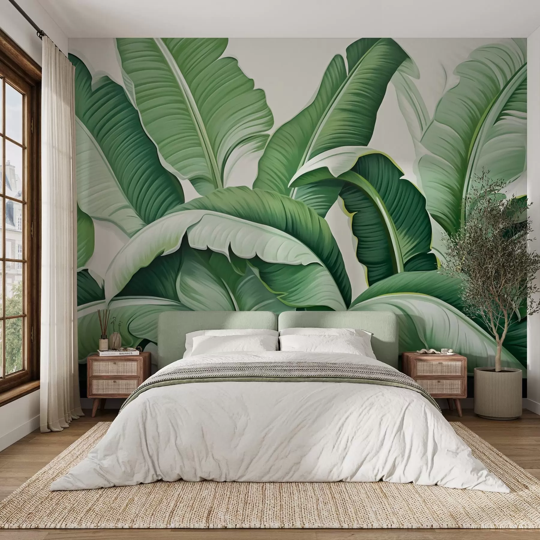 wall murals Green tropical banana leaves with a 3d effect w09559