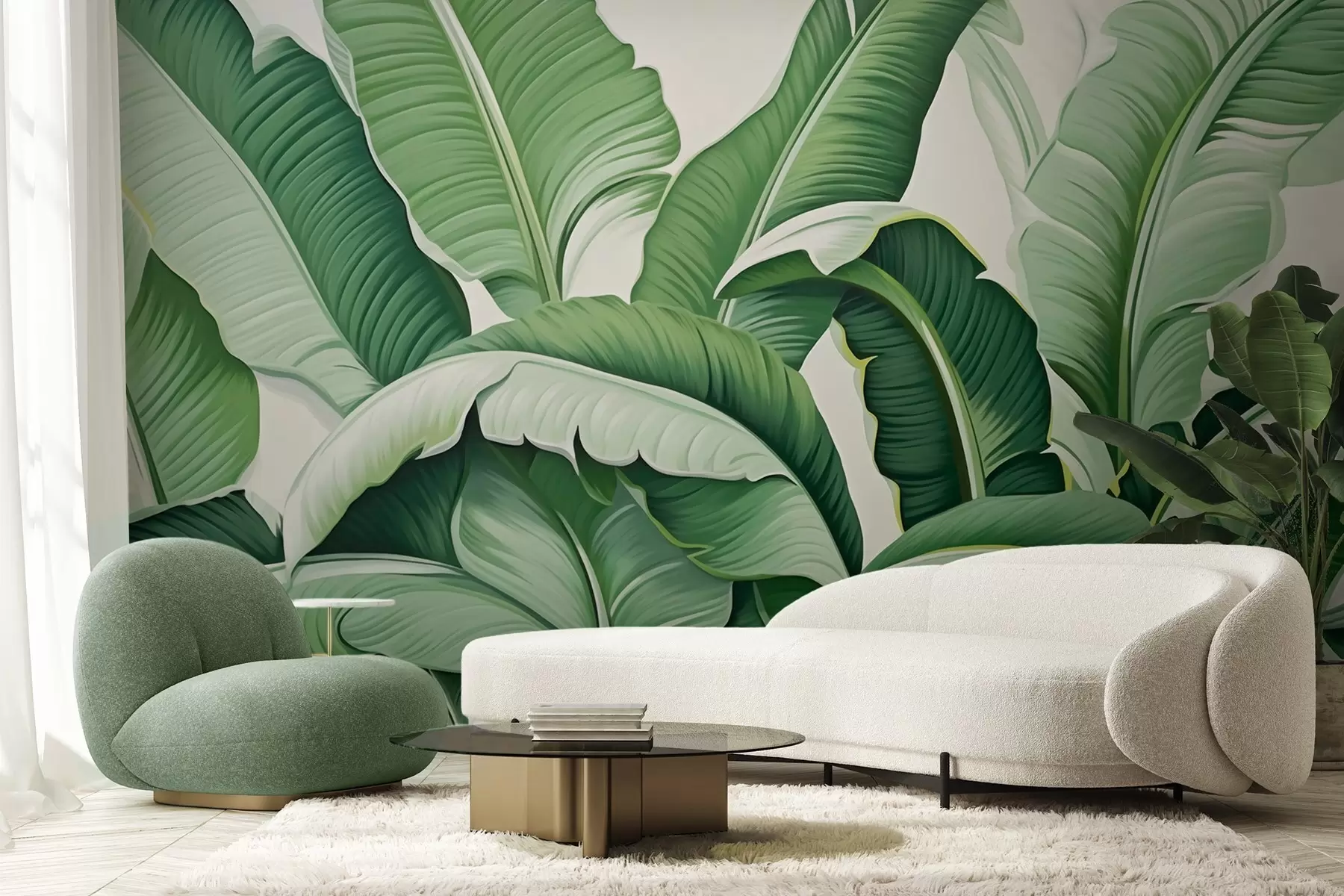 wall murals Green tropical banana leaves with a 3d effect w09559