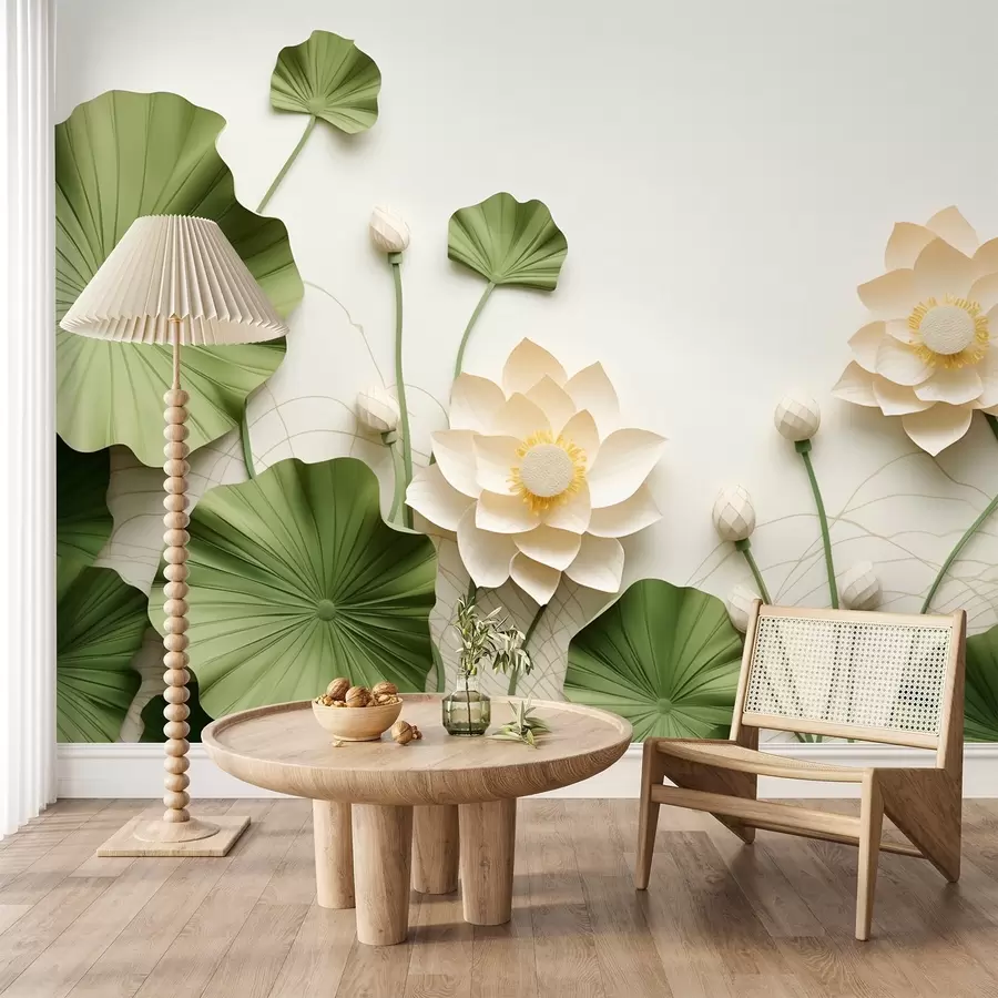 wall murals 3d lotus flowers with green textured leaves, minimalist style w09560