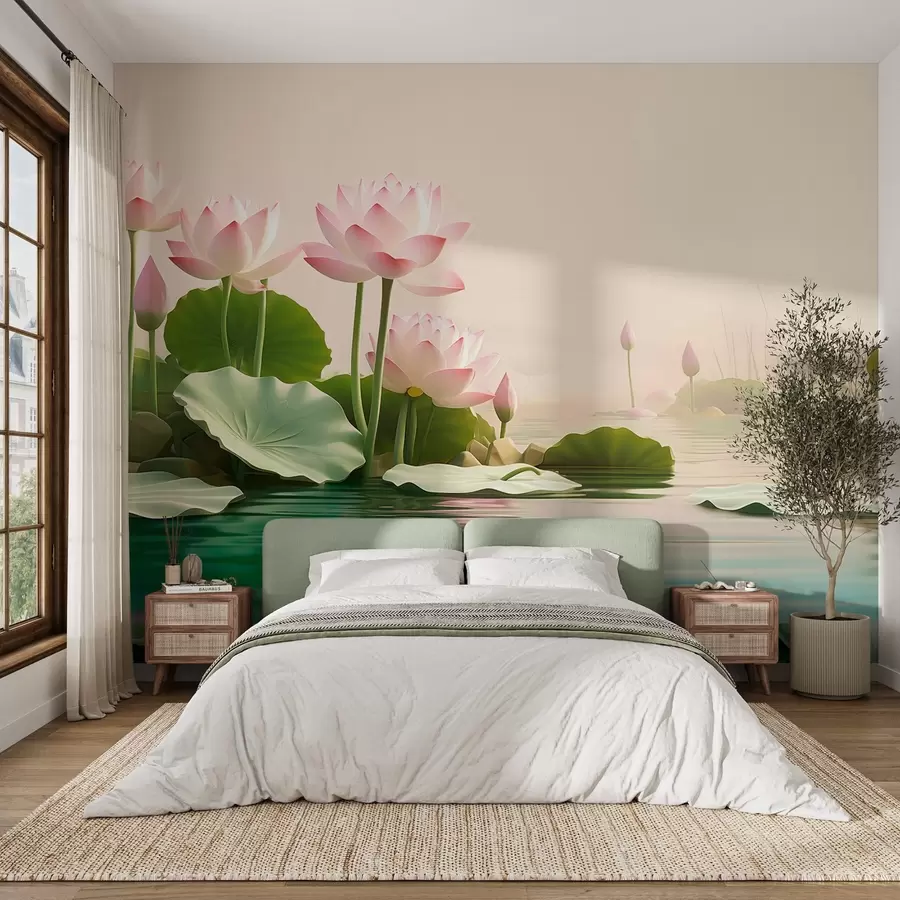 wall murals Pink lotus flowers on water, a calm tropical landscape w09561