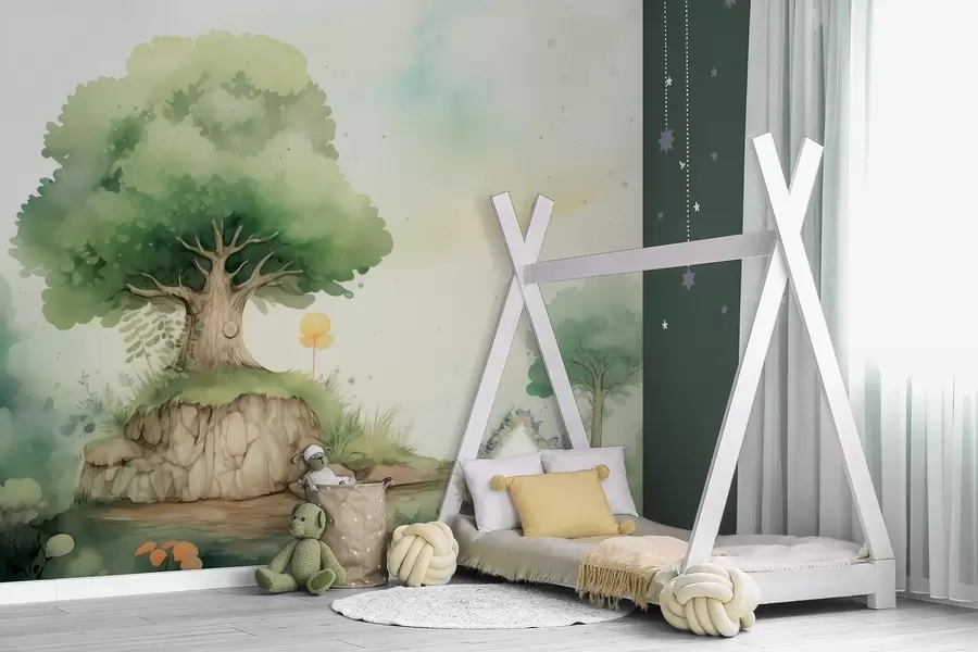 wall murals A fairytale world of childhood in a green forest landscape, watercolor style w09566
