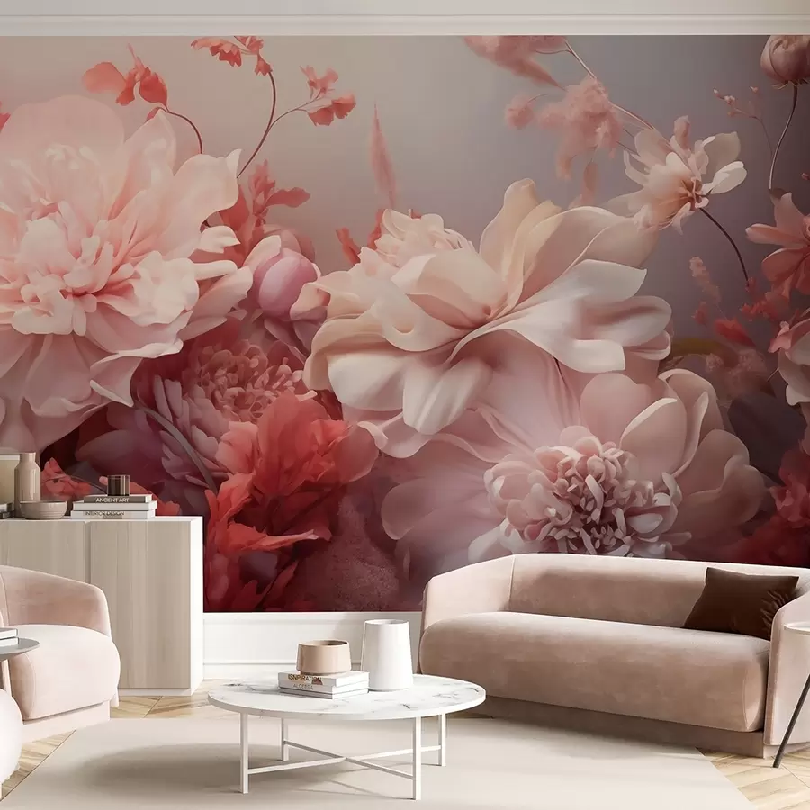 wall murals Volumetric powder-pink peonies in a floral composition w09571