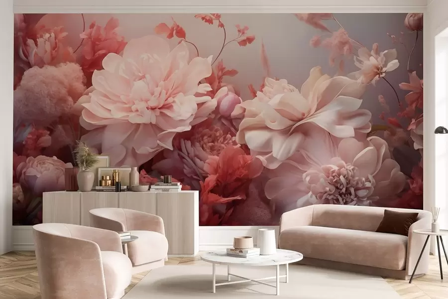 wall murals Volumetric powder-pink peonies in a floral composition w09571