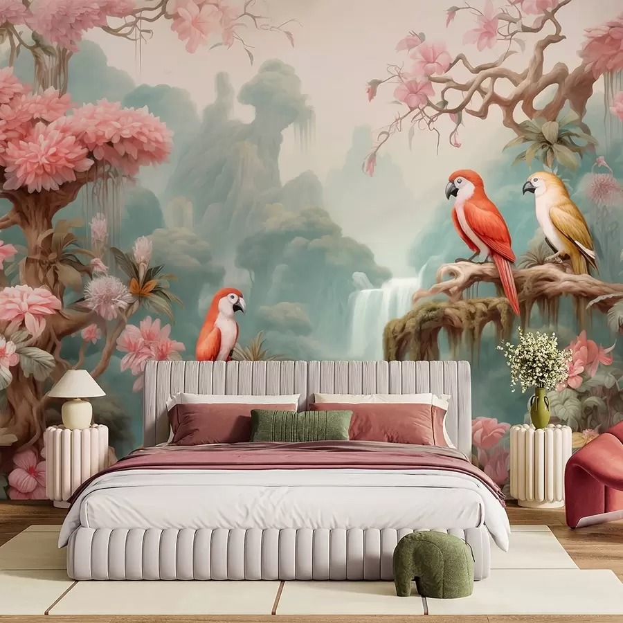 wall murals A fairytale tropical forest with parrots, flowering trees with pink blossoms, and a waterfall w09580