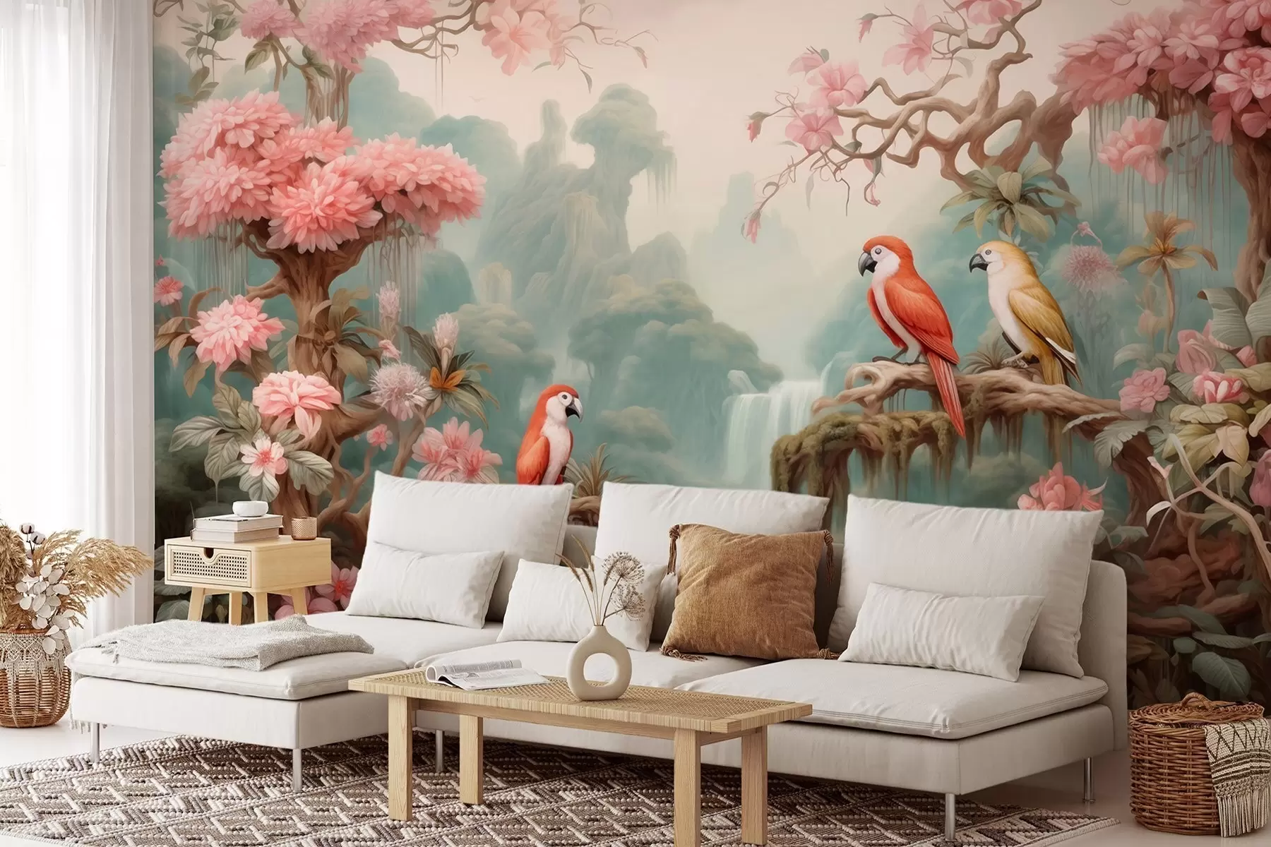 wall murals A fairytale tropical forest with parrots, flowering trees with pink blossoms, and a waterfall w09580