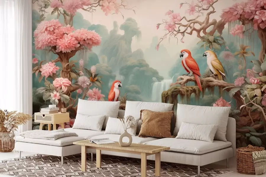 wall murals A fairytale tropical forest with parrots, flowering trees with pink blossoms, and a waterfall w09580