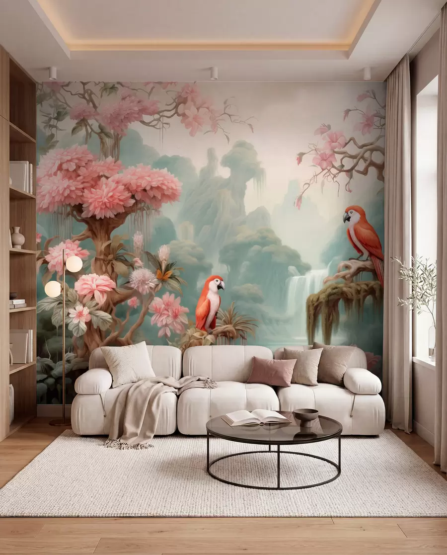 wall murals A fairytale tropical forest with parrots, flowering trees with pink blossoms, and a waterfall w09580