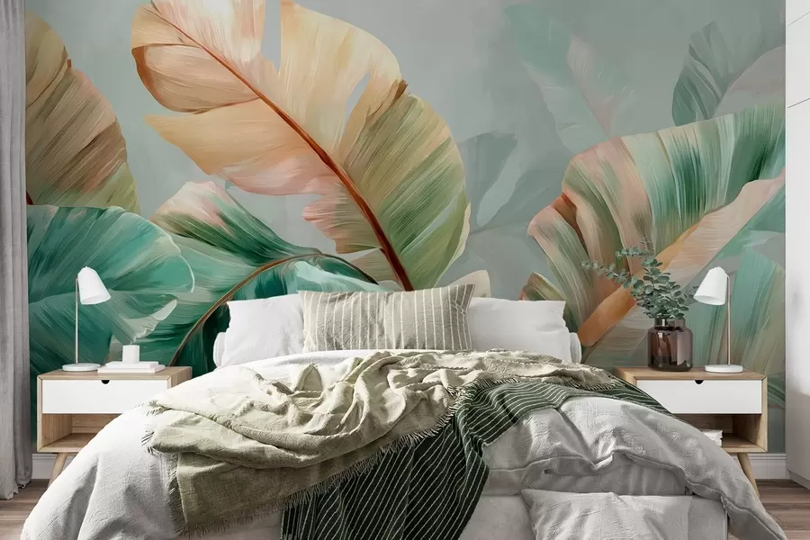 wall murals Delicate tropical banana leaves in pastel yellow-green tones w09581