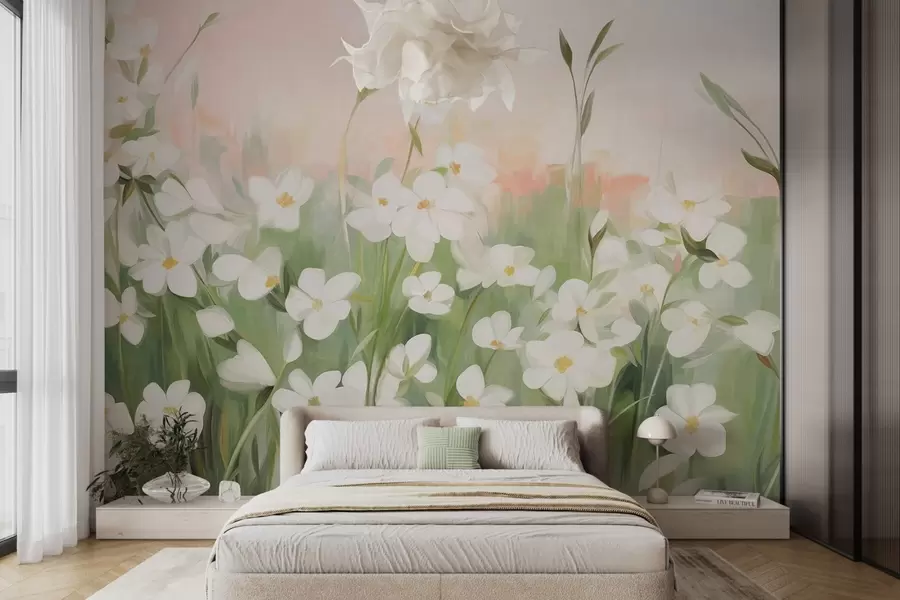 wall murals Abstract field of wildflowers with green stems and leaves, against a soft pink and white textured sky w09297