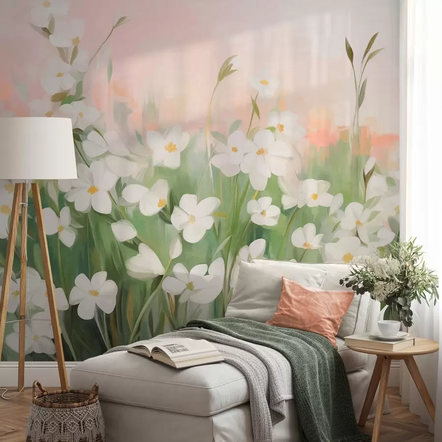 wall murals Abstract field of wildflowers with green stems and leaves, against a soft pink and white textured sky w09297