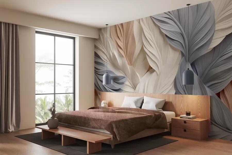 wall murals Abstract, layered feathers in cream, beige, and light blue hues, with a textured, organic appearance w09603