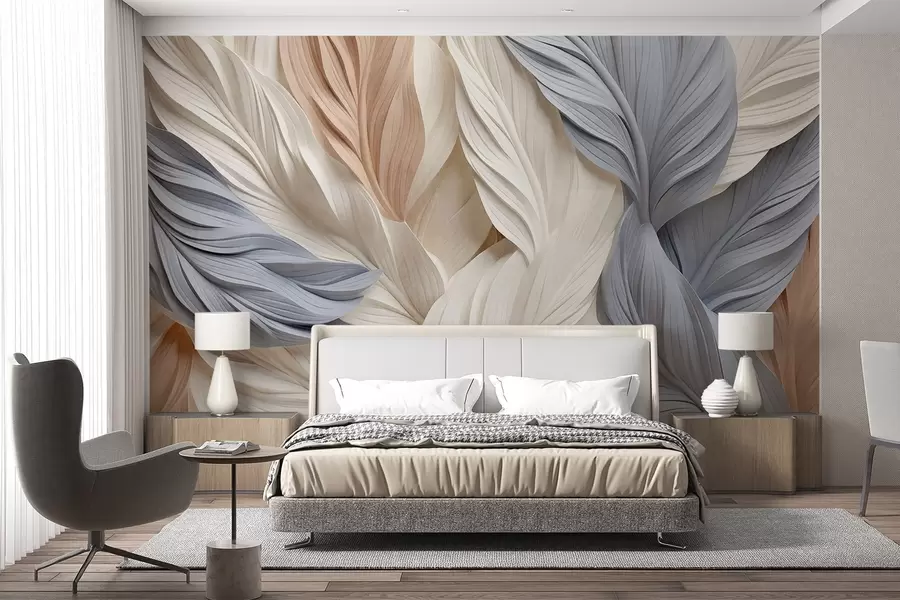 wall murals Abstract, layered feathers in cream, beige, and light blue hues, with a textured, organic appearance w09603