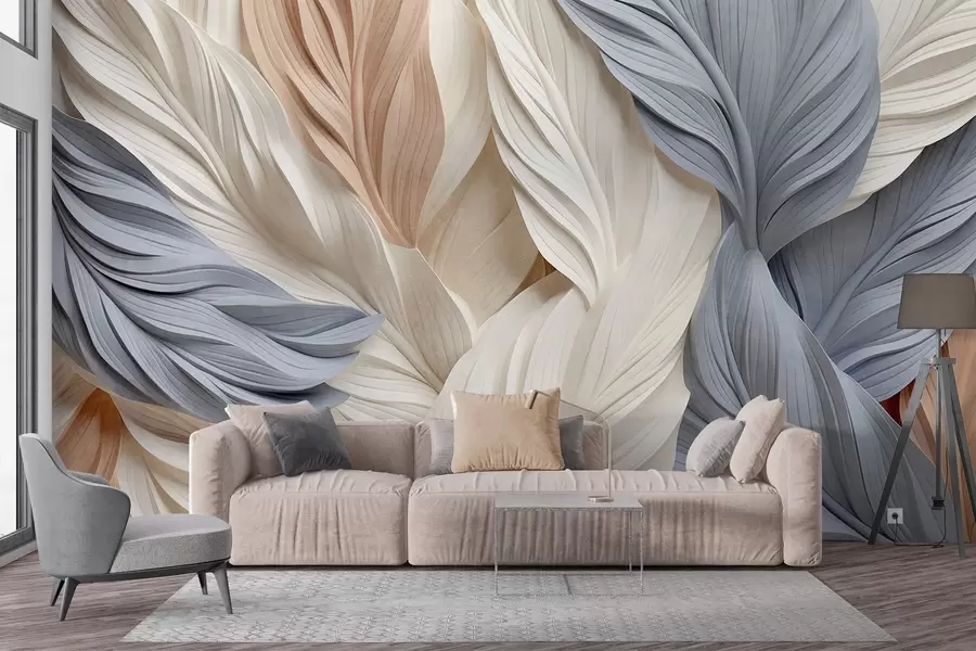 wall murals Abstract, layered feathers in cream, beige, and light blue hues, with a textured, organic appearance w09603