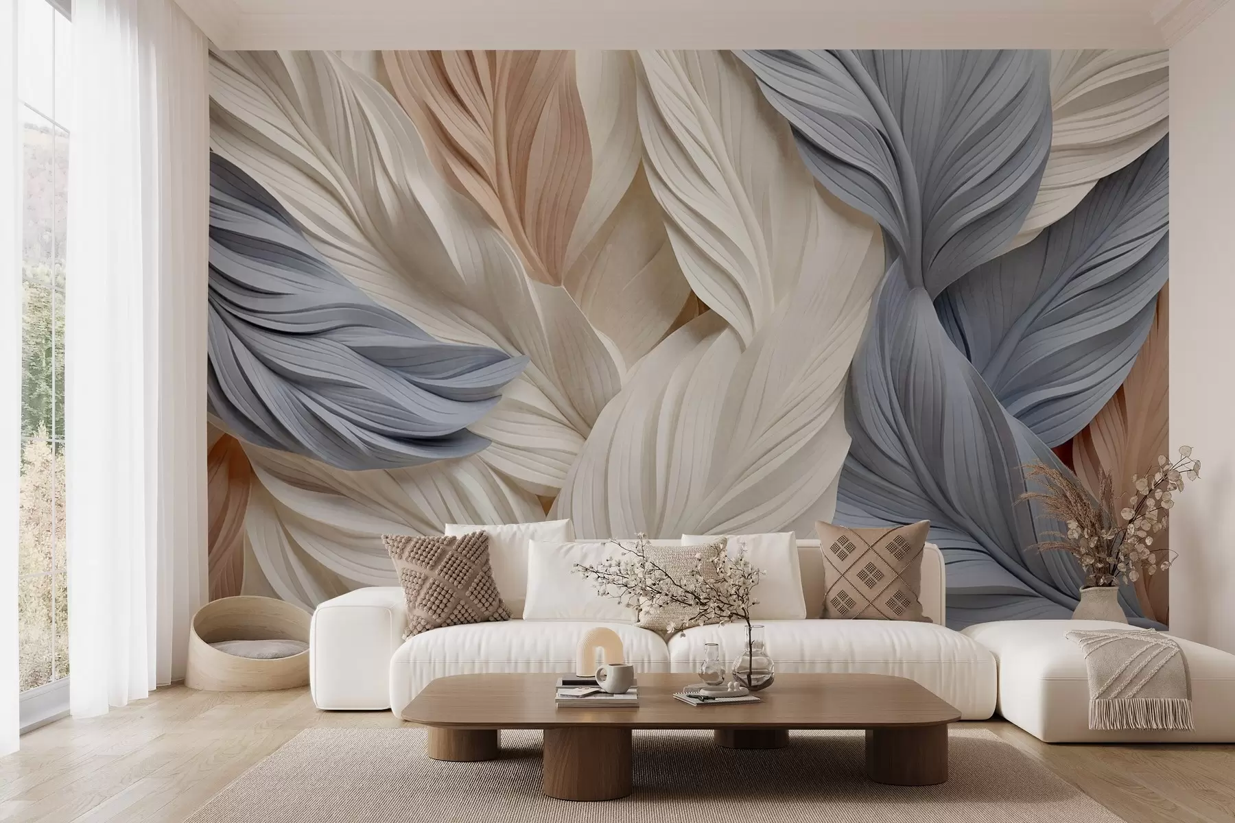 wall murals Abstract, layered feathers in cream, beige, and light blue hues, with a textured, organic appearance w09603