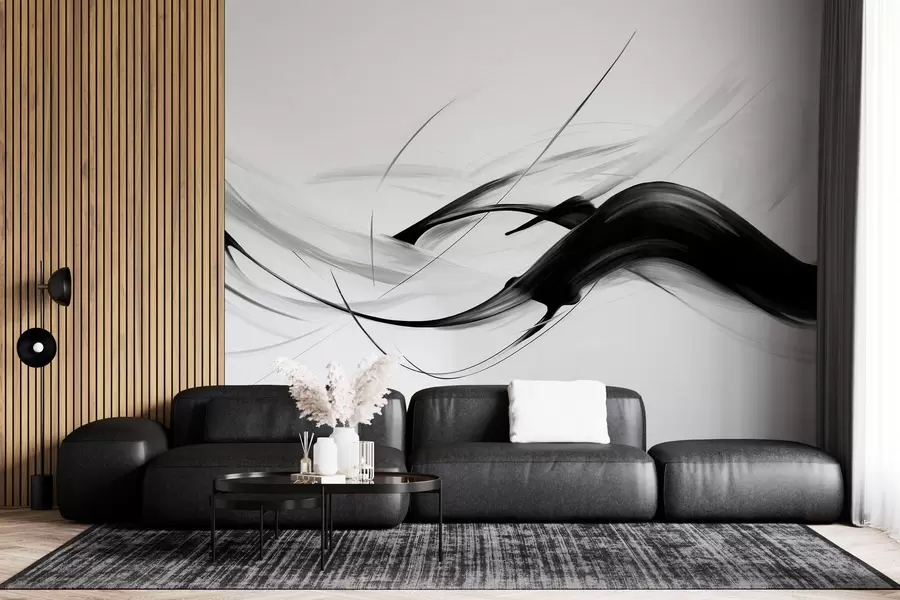 wall murals Abstract black and white brush strokes with thin lines creating a modern design against light background w09605