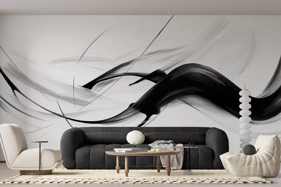 wall murals Abstract black and white brush strokes with thin lines creating a modern design against light background w09605