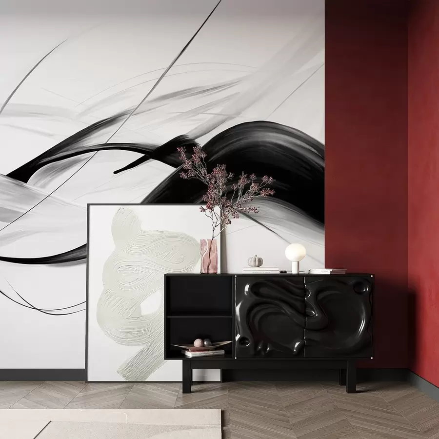 wall murals Abstract black and white brush strokes with thin lines creating a modern design against light background w09605