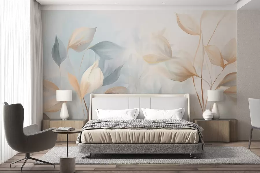 wall murals A soft, delicate, translucent leaves in muted tones of beige, peach, and pale blue, textured pastel art w09607