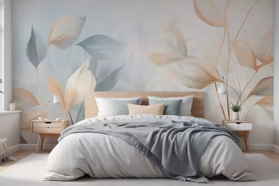 wall murals A soft, delicate, translucent leaves in muted tones of beige, peach, and pale blue, textured pastel art w09607