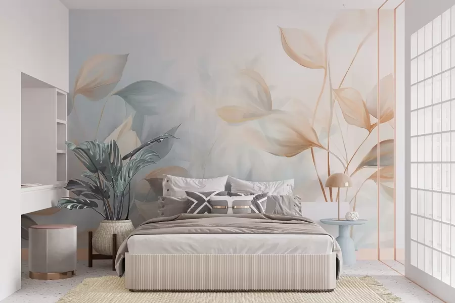wall murals A soft, delicate, translucent leaves in muted tones of beige, peach, and pale blue, textured pastel art w09607