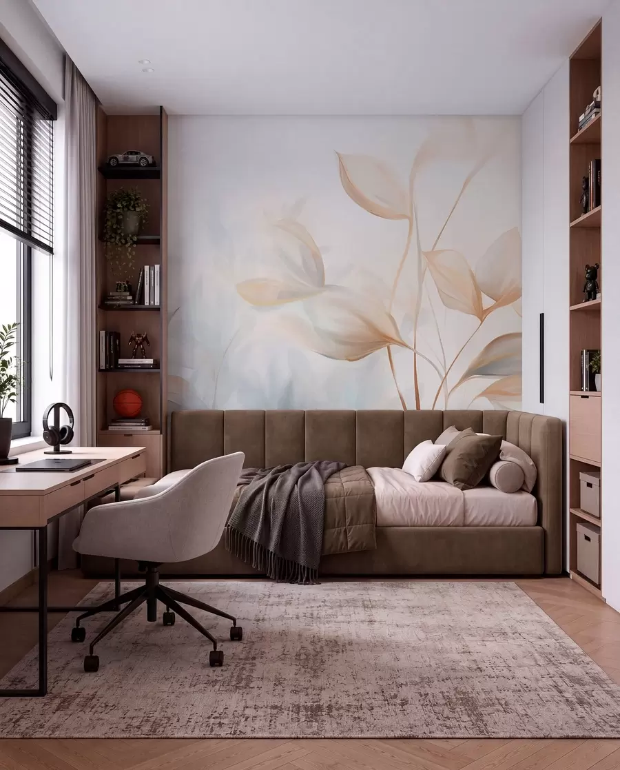 wall murals A soft, delicate, translucent leaves in muted tones of beige, peach, and pale blue, textured pastel art w09607