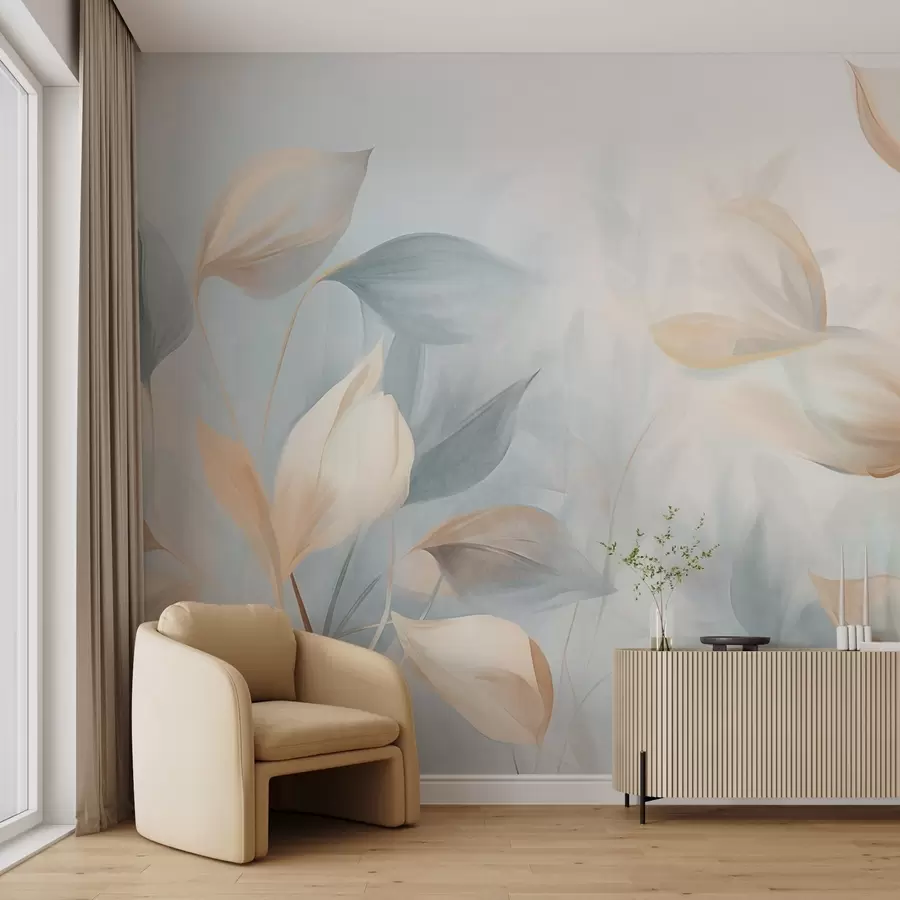 wall murals A soft, delicate, translucent leaves in muted tones of beige, peach, and pale blue, textured pastel art w09607