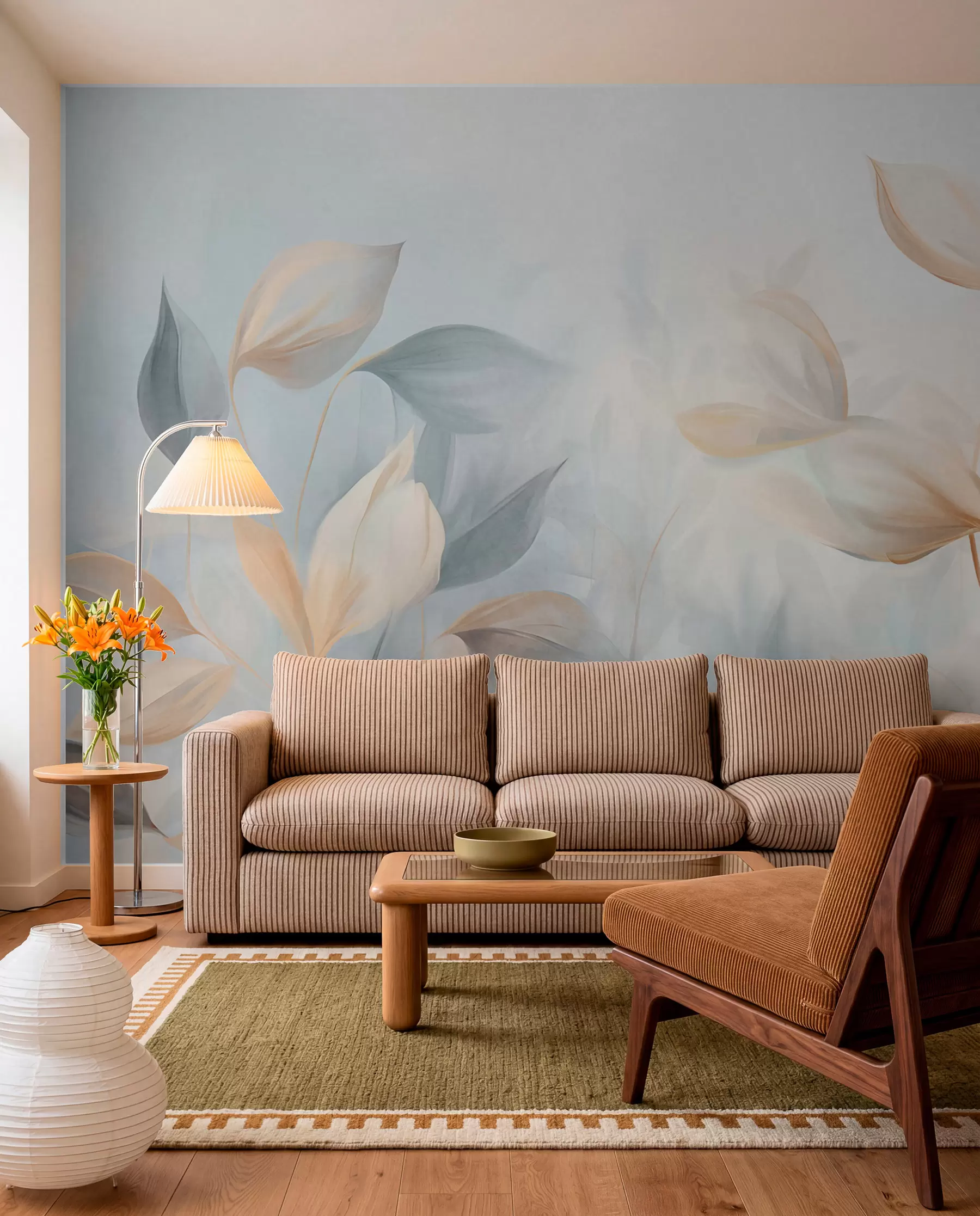 wall murals Peach and Blue Leaves w09607