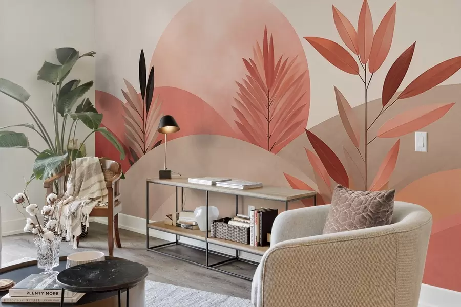 wall murals Abstract boho landscape, sun behind rolling hills, plants in the foreground, minimalist, textured, muted colors w09608