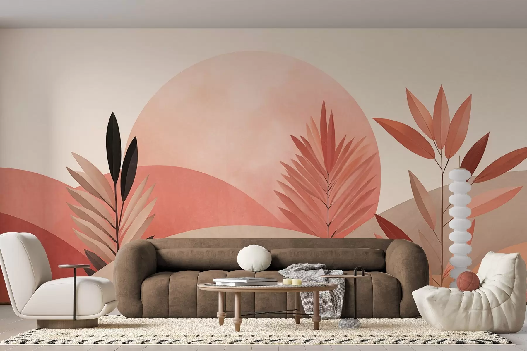 wall murals Abstract boho landscape, sun behind rolling hills, plants in the foreground, minimalist, textured, muted colors w09608