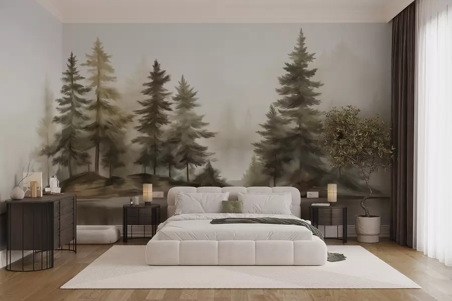 wall murals A textured foggy forest with tall pine trees painting imitation w09610