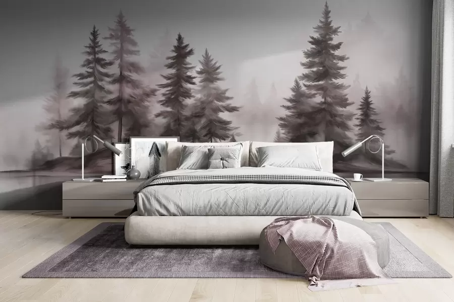 wall murals A textured foggy forest with tall pine trees painting imitation w09610v1