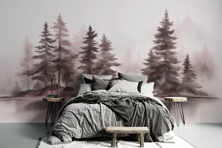 wall murals A textured foggy forest with tall pine trees painting imitation w09610v1