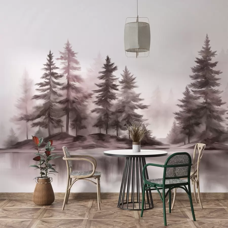 wall murals A textured foggy forest with tall pine trees painting imitation w09610v1