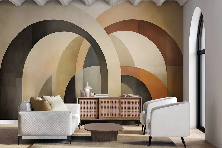 wall murals Abstract textured geometric arches in earthy tones of beige, brown and gray, a layered modern architectural design w09611