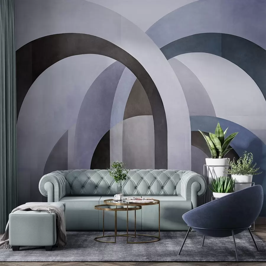 wall murals Abstract textured geometric arches in tones of blue, black and gray, a layered modern architectural design w09611v1