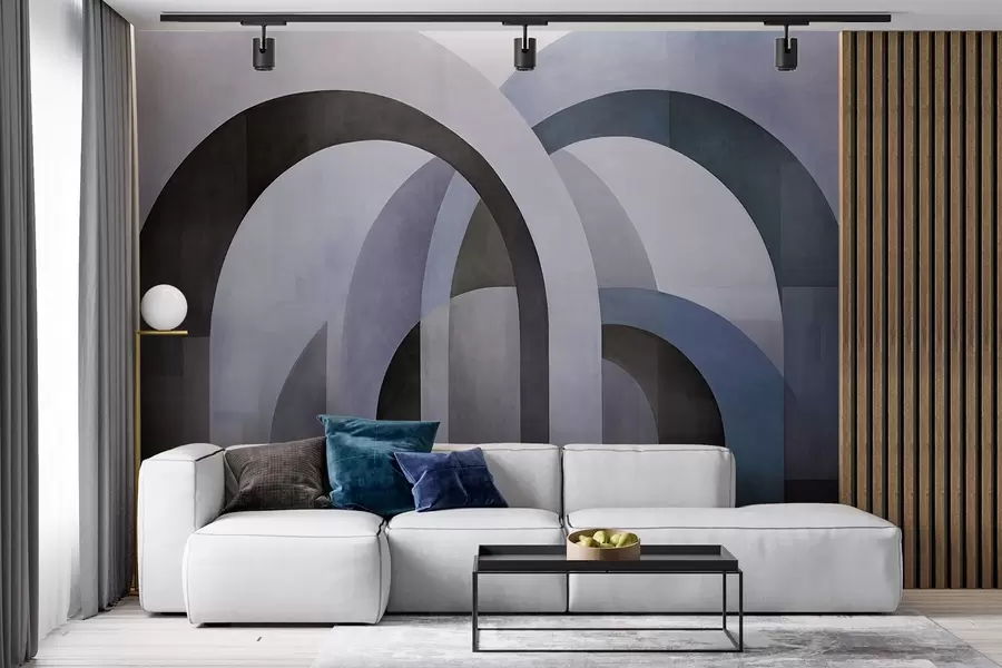 wall murals Abstract textured geometric arches in tones of blue, black and gray, a layered modern architectural design w09611v1