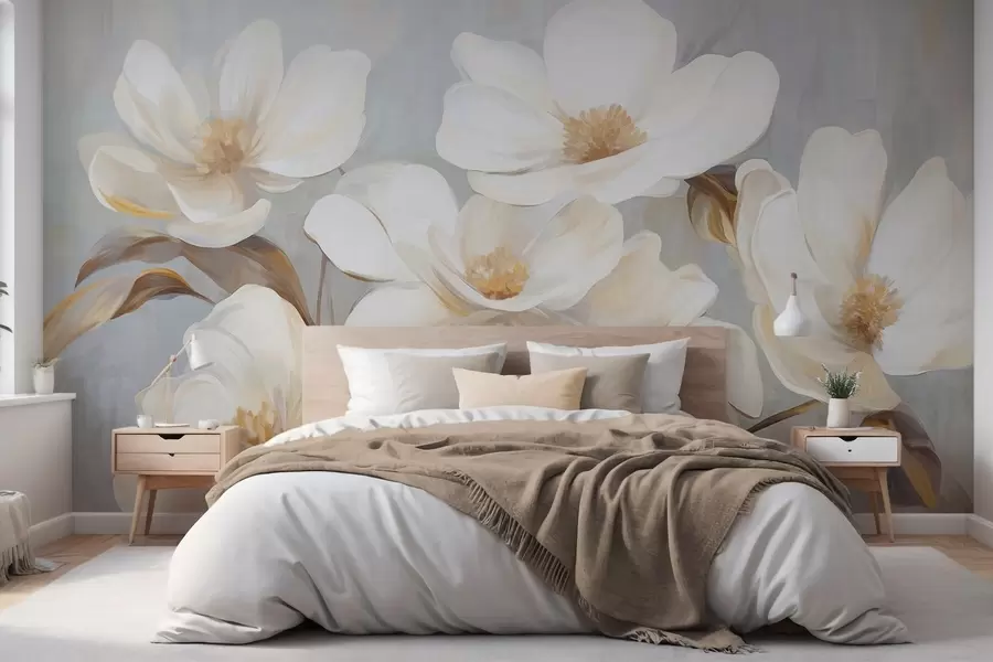 wall murals A textured painting imitation of several white magnolia flowers against a muted pastel background w09612
