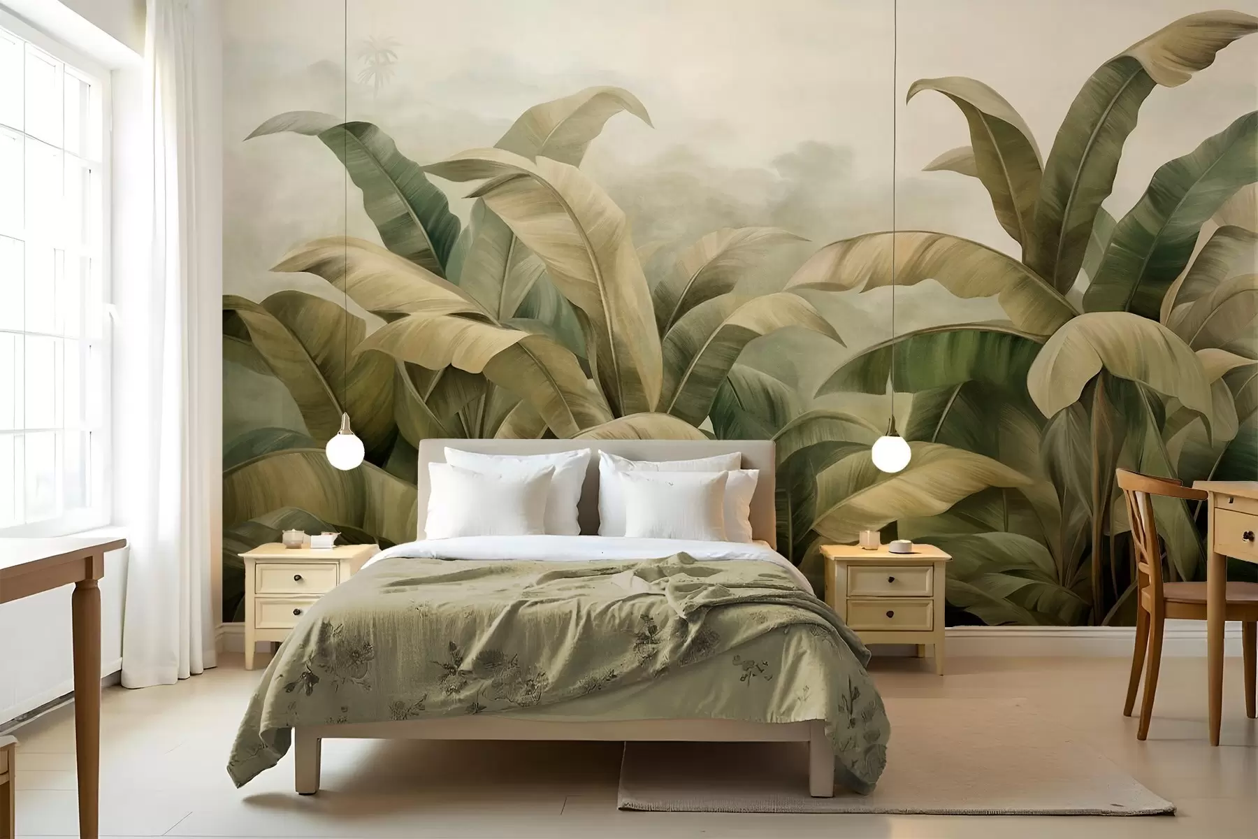 wall murals Textured dense jungle landscape with large banana leaves in muted green and beige tones w09613